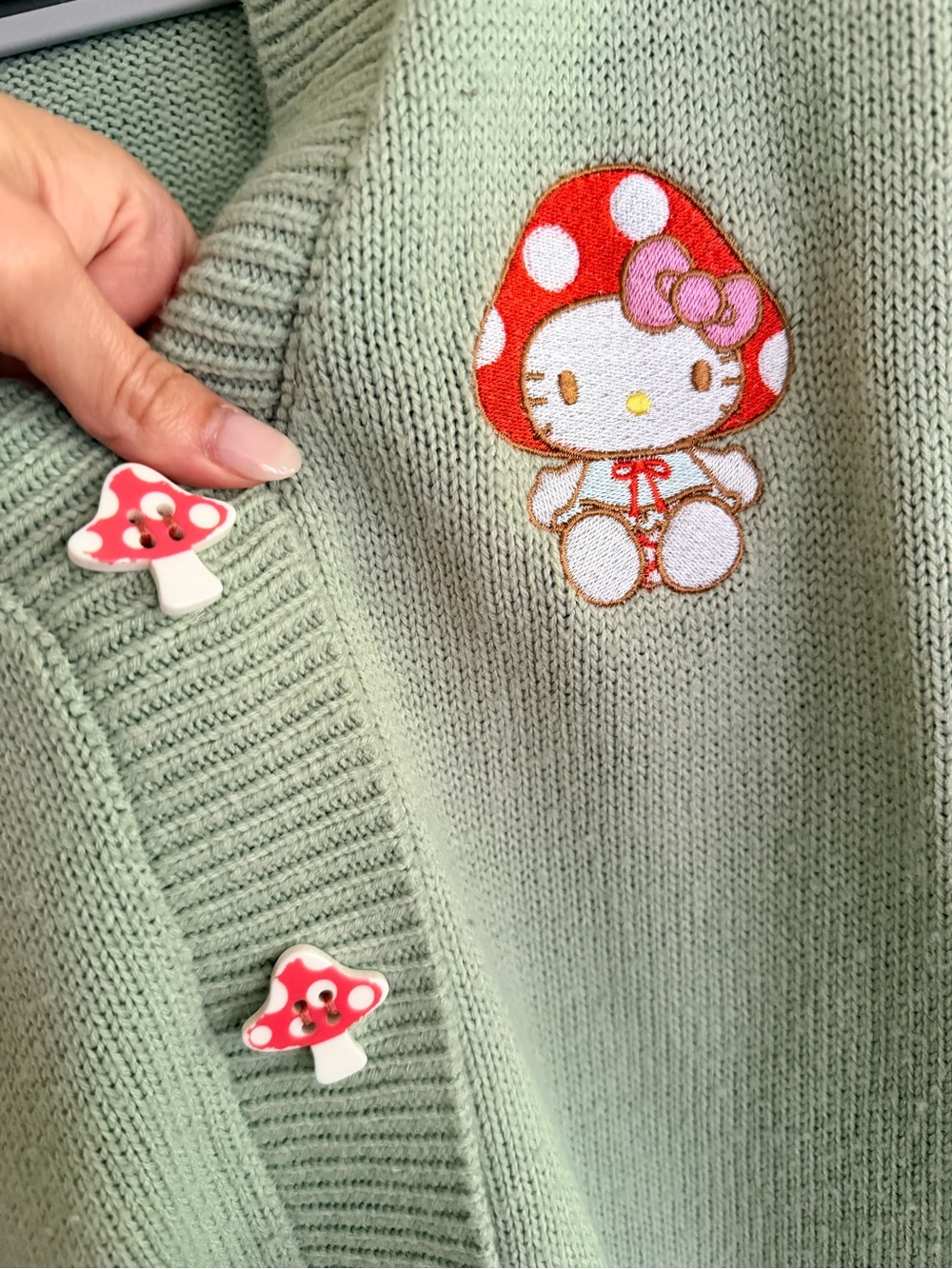Hello Kitty Mint Green Mushroom-Embroidered V-Neck Cardigan Size Medium - Picture 7 of 12
